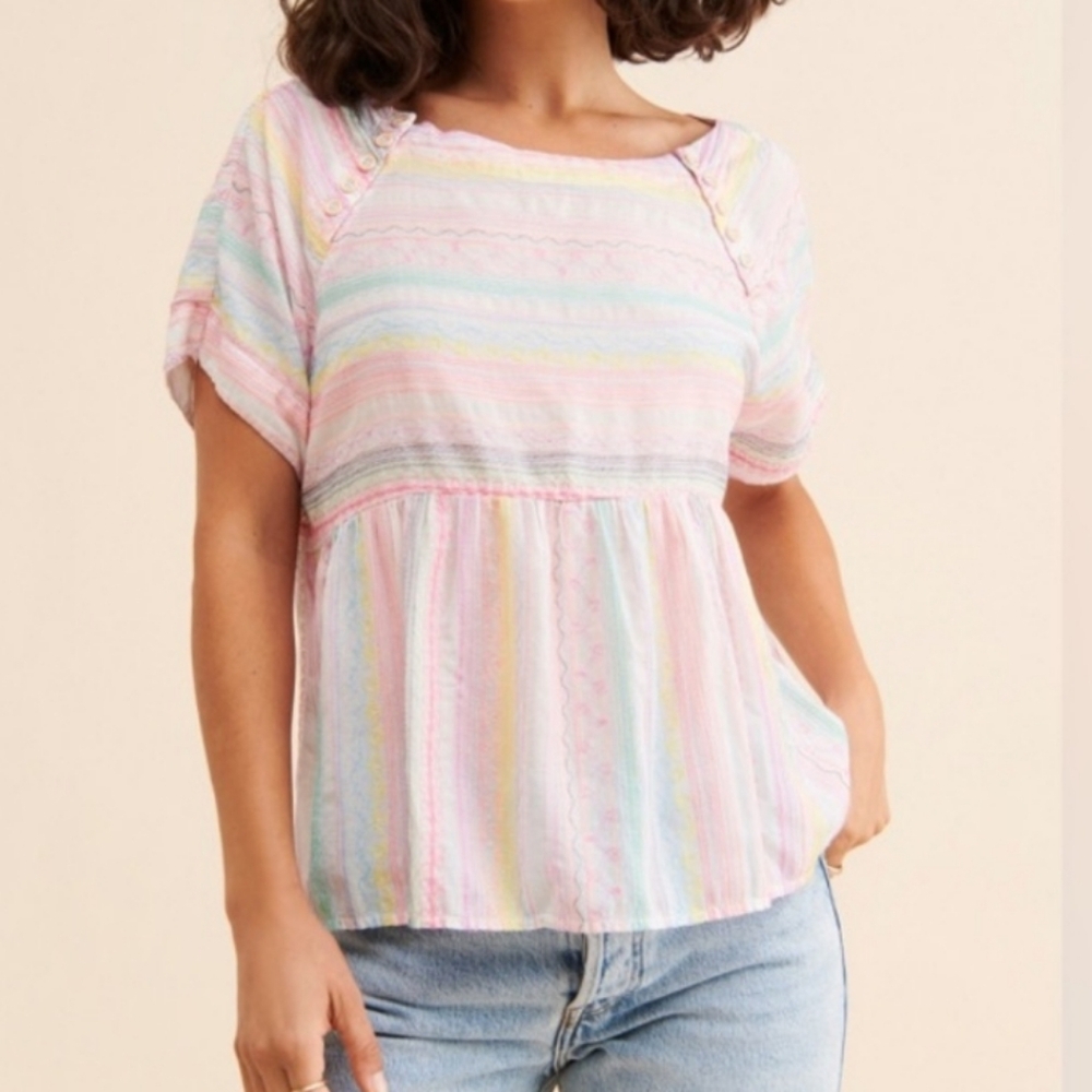 Anthropologie Lettie Embroidered Short Sleeve Peplum Crop Top Coastal White XS - Picture 3 of 8
